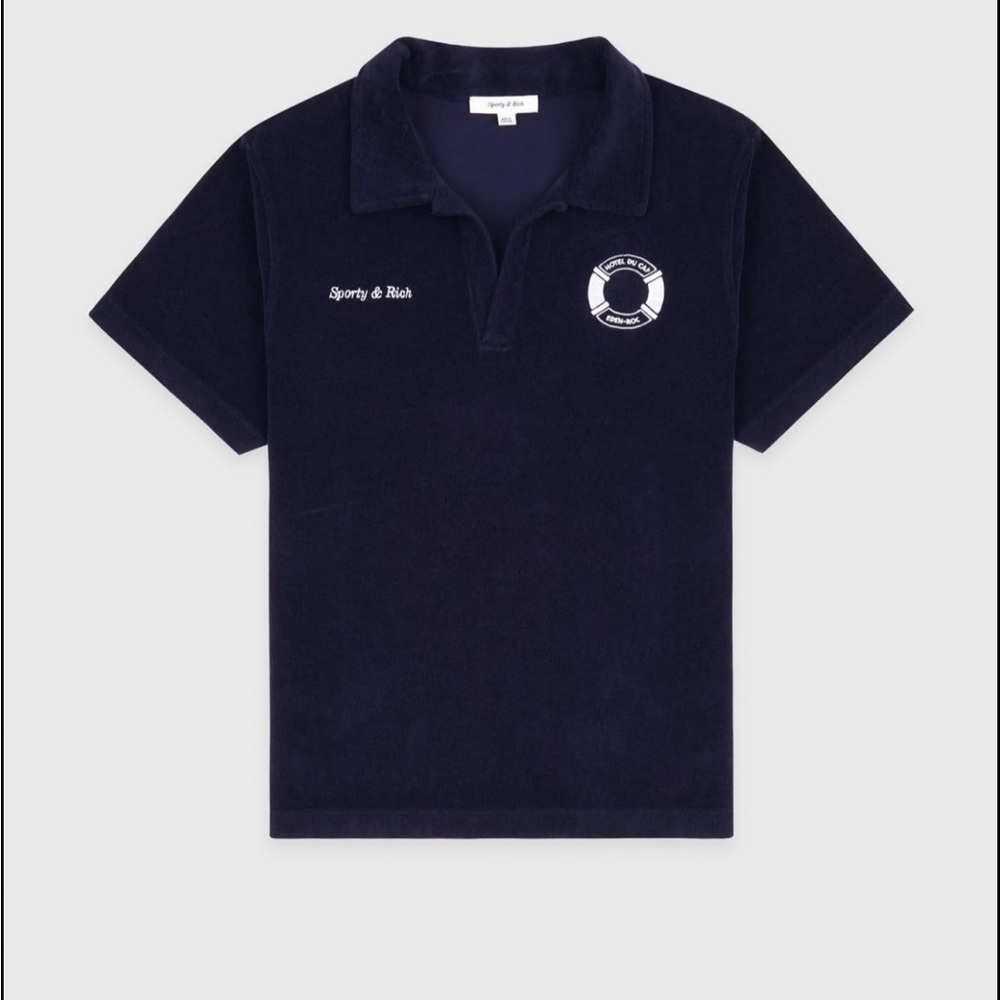 Sporty & Rich Terry Polo Shirt Womens Small Navy Blue Hotel du Cap-Eden-Roc Logo